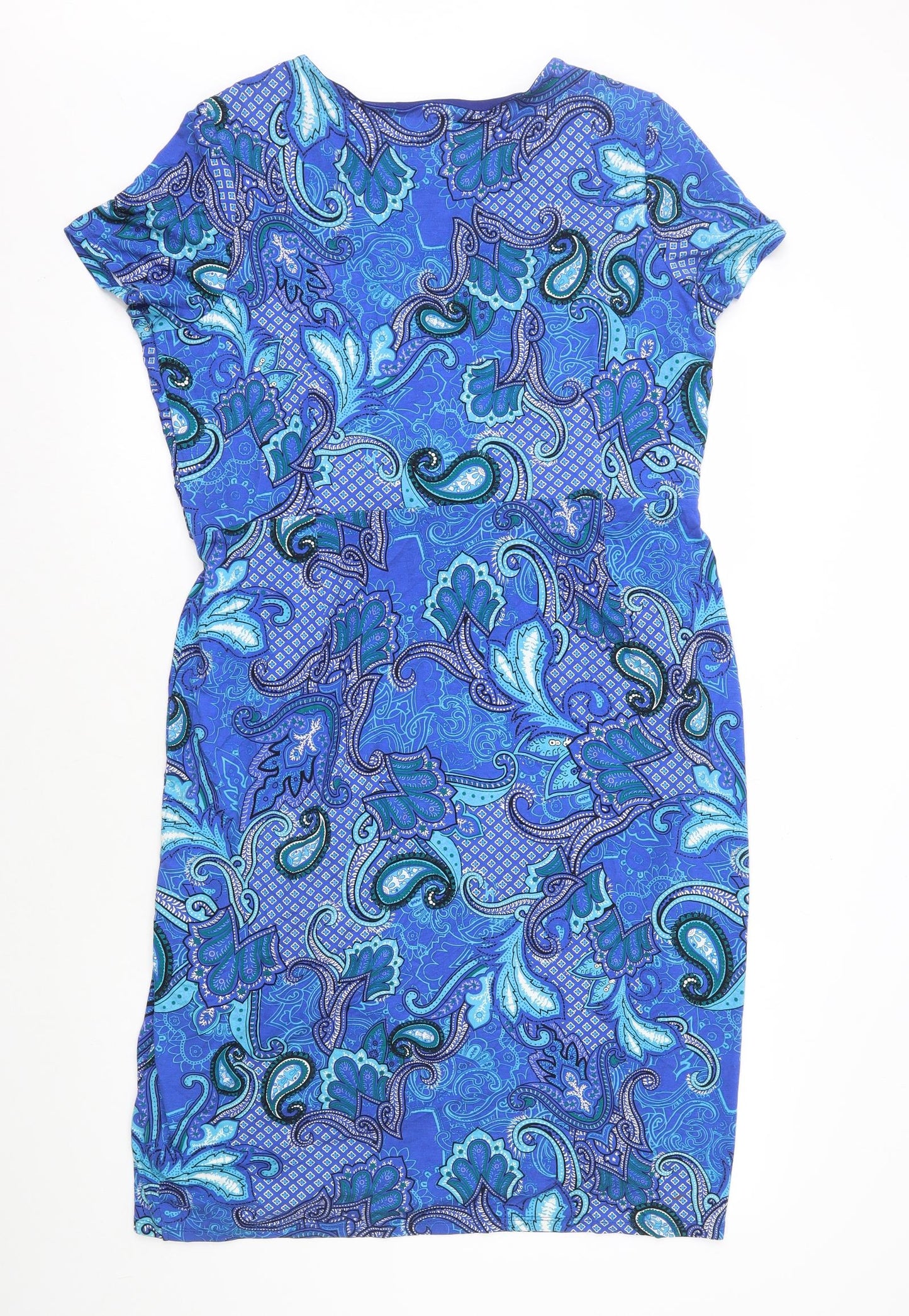 David Emanuel Womens Blue Geometric Viscose Pencil Dress Size 18 V-Neck Pullover - Wrap Over