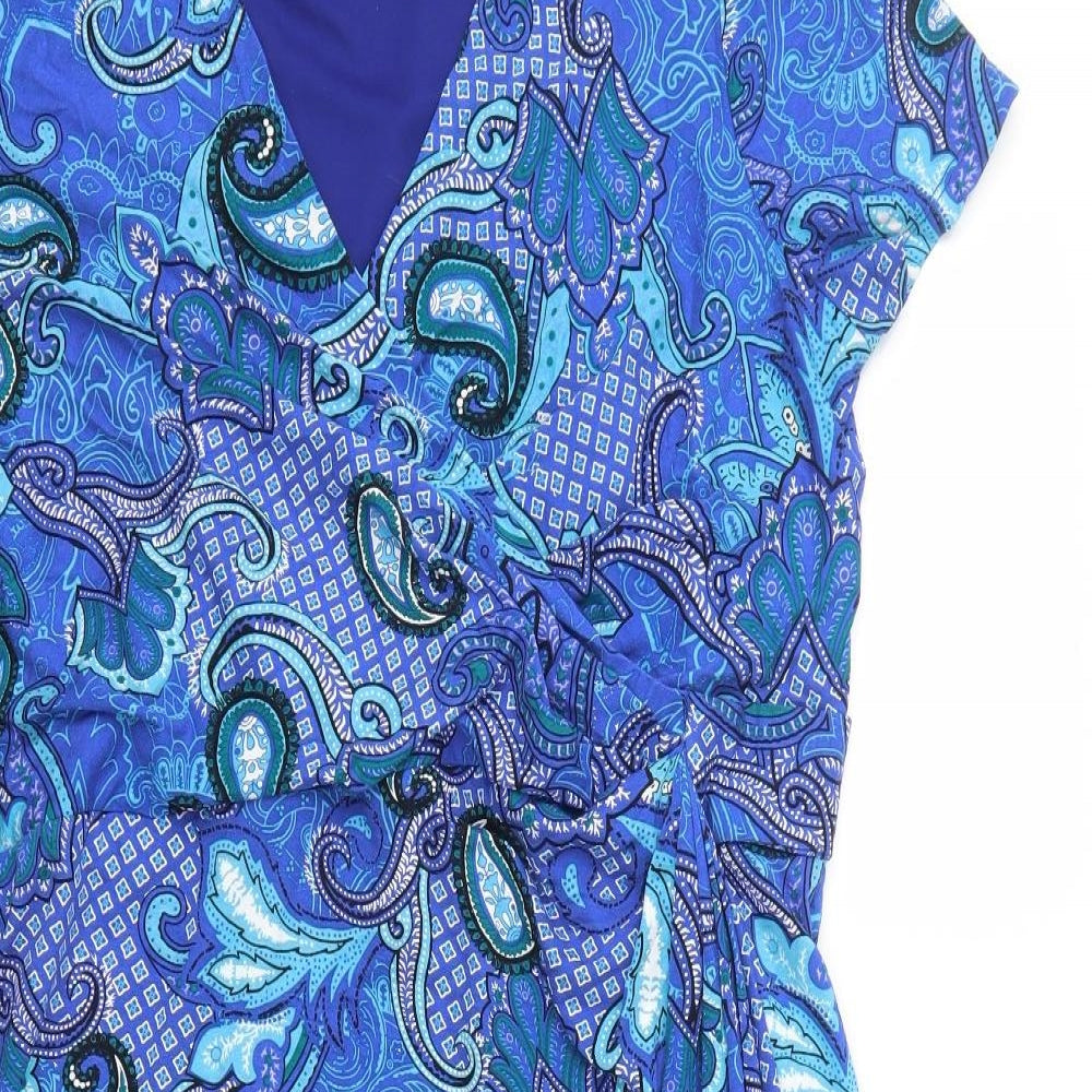 David Emanuel Womens Blue Geometric Viscose Pencil Dress Size 18 V-Neck Pullover - Wrap Over