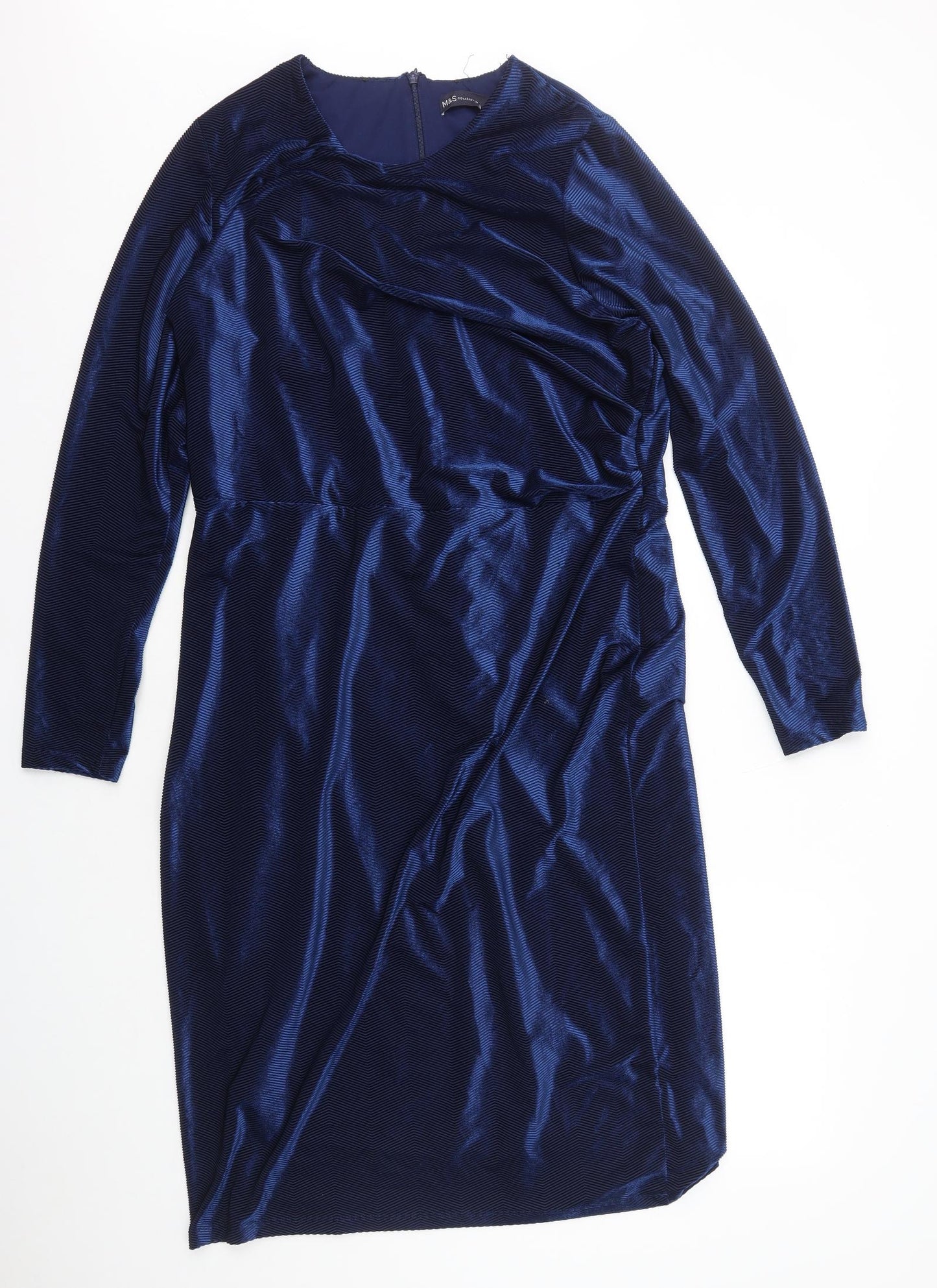 Marks and Spencer Womens Blue Geometric Polyester Bodycon Size 16 Round Neck Zip