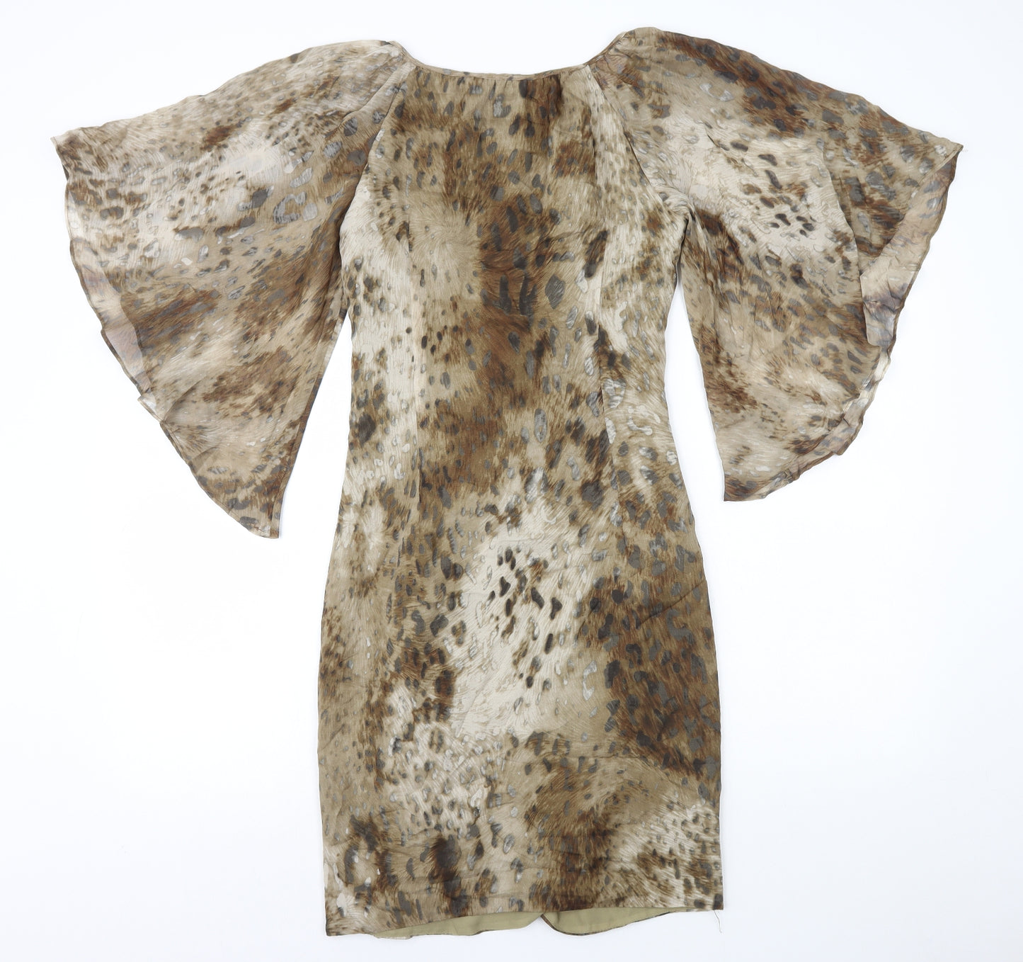 Preworn Womens Brown Animal Print Polyester Pencil Dress Size 12 Round Neck Zip - Angel Sleeve