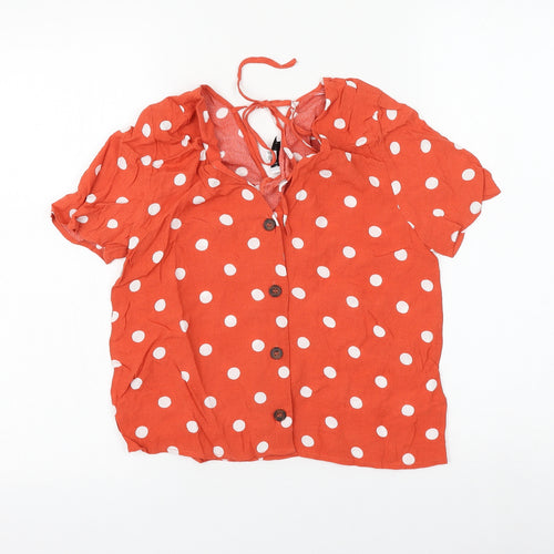 Warehouse Womens Orange Polka Dot Viscose Basic Button-Up Size 8 V-Neck