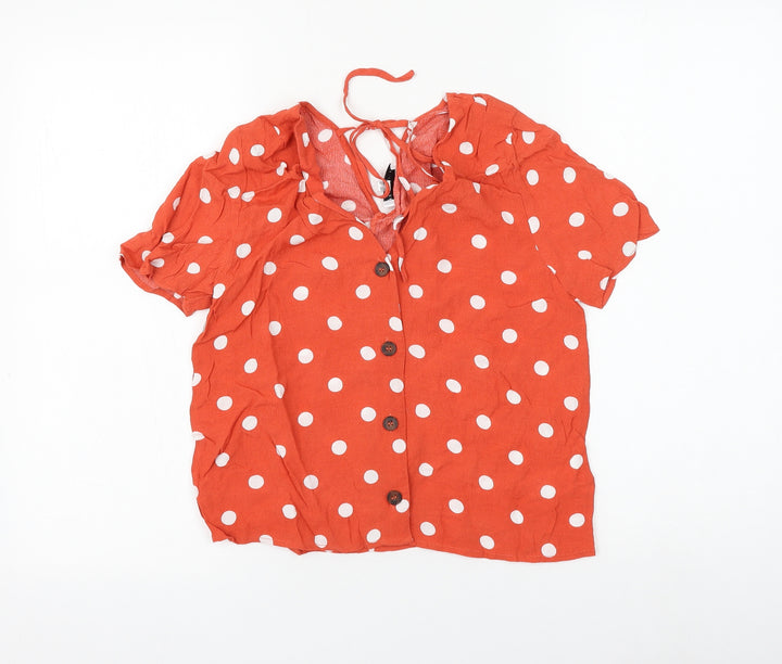 Warehouse Womens Orange Polka Dot Viscose Basic Button-Up Size 8 V-Neck
