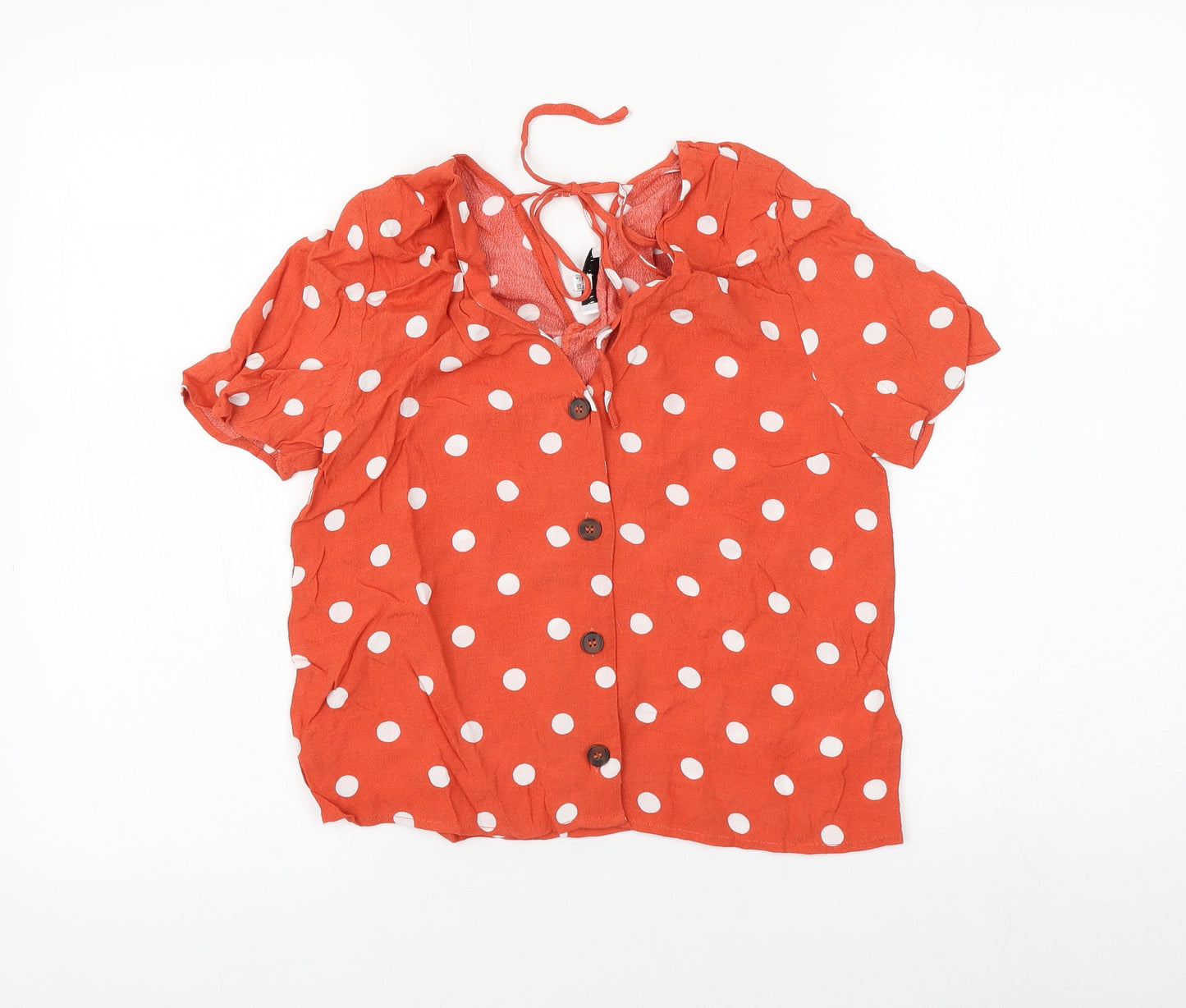 Warehouse Womens Orange Polka Dot Viscose Basic Button-Up Size 8 V-Neck