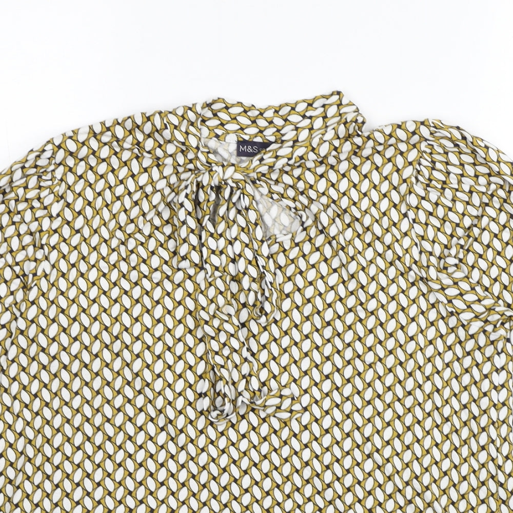 Marks and Spencer Womens Yellow Geometric Viscose Basic Blouse Size 10 Mock Neck