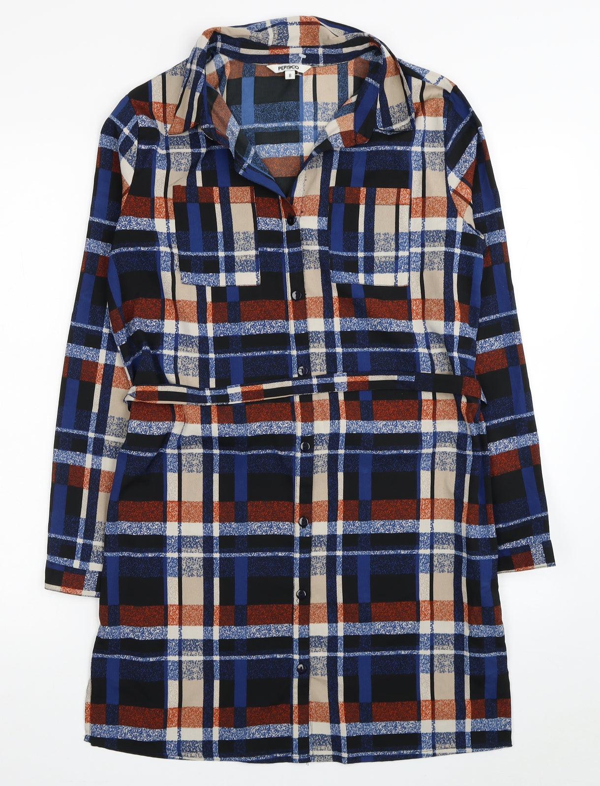 PEP&CO Womens Blue Plaid Polyester Shirt Dress Size 8 Collared Button
