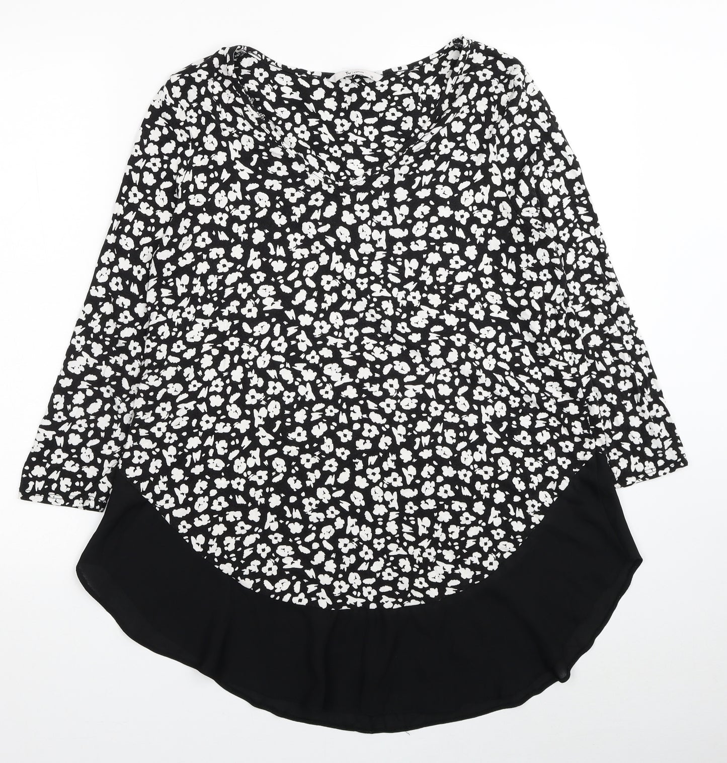 TU Womens Black Floral Viscose Basic T-Shirt Size 12 V-Neck