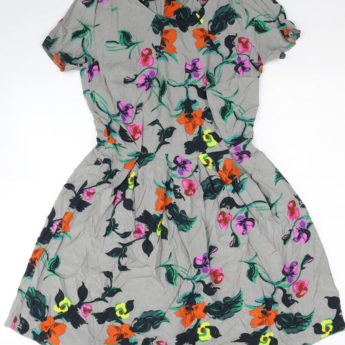 Miss Selfridge Womens Grey Floral Viscose Fit & Flare Size 10 Scoop Neck Zip