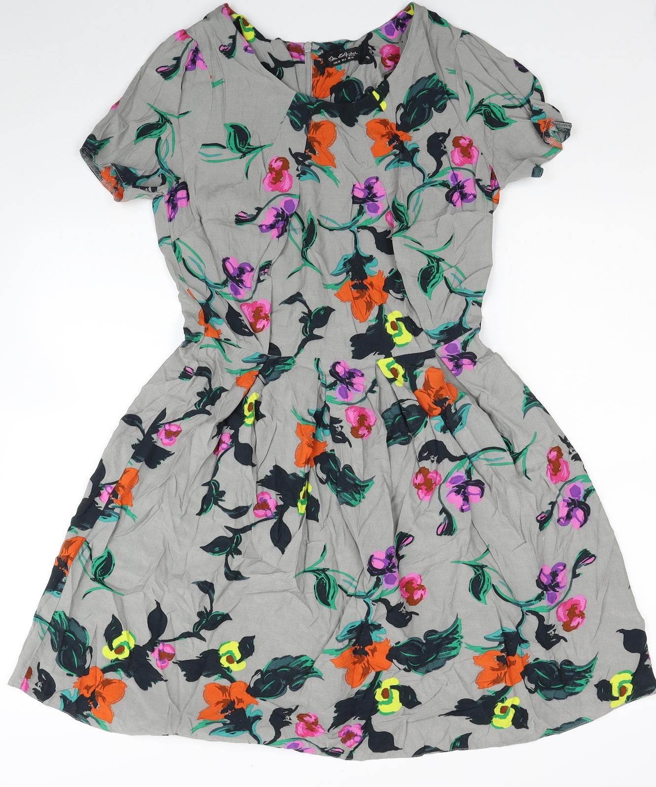 Miss Selfridge Womens Grey Floral Viscose Fit & Flare Size 10 Scoop Neck Zip