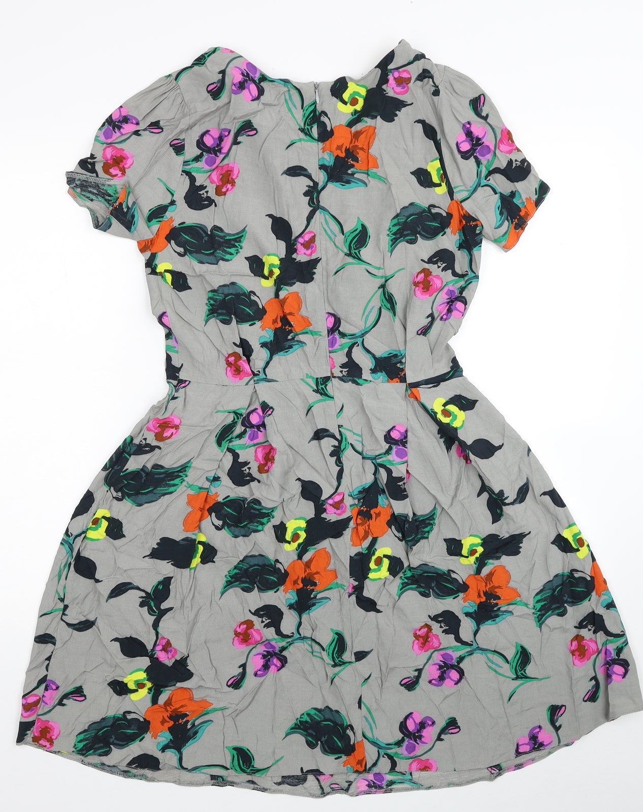 Miss Selfridge Womens Grey Floral Viscose Fit & Flare Size 10 Scoop Neck Zip