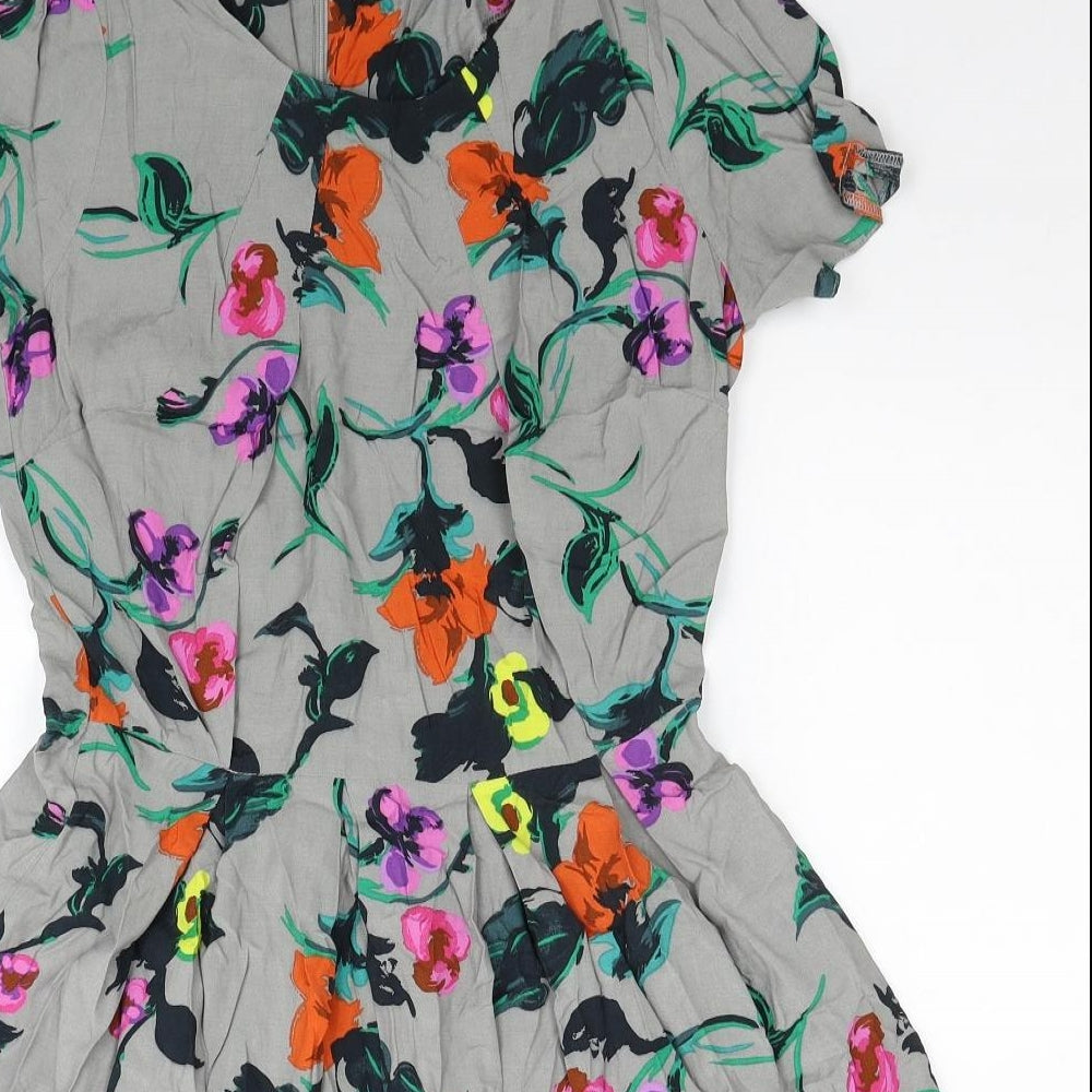 Miss Selfridge Womens Grey Floral Viscose Fit & Flare Size 10 Scoop Neck Zip