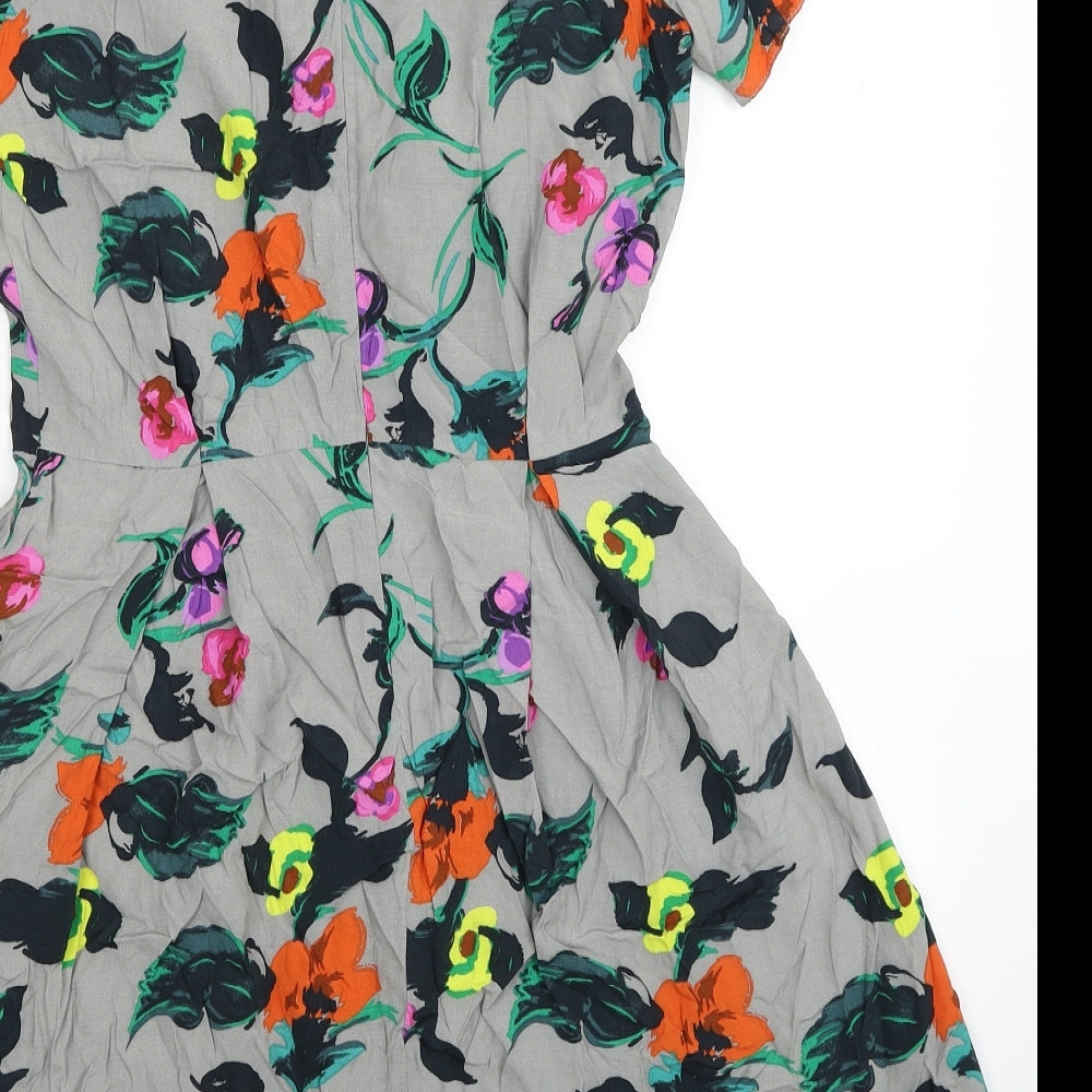 Miss Selfridge Womens Grey Floral Viscose Fit & Flare Size 10 Scoop Neck Zip