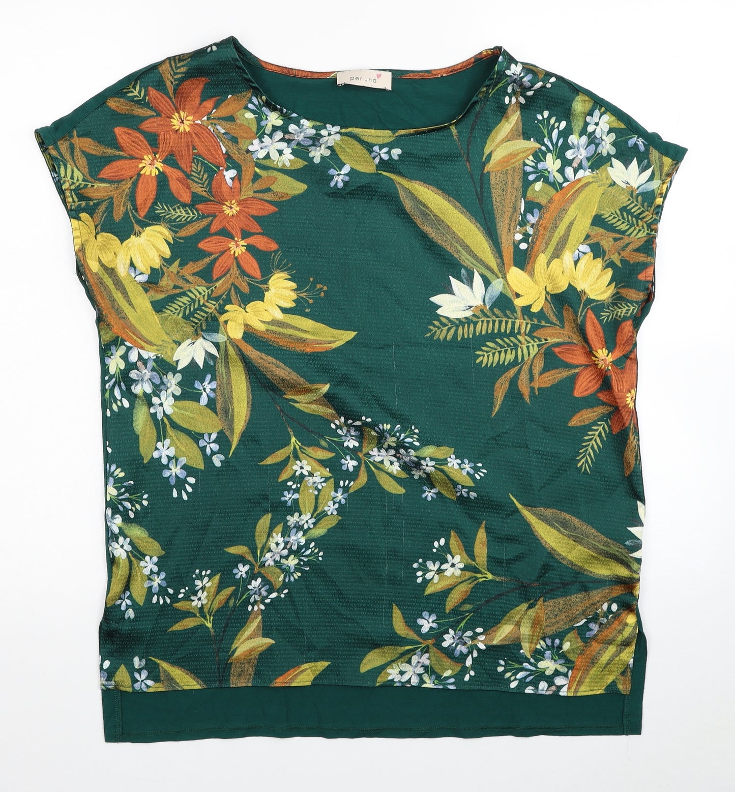 Per Una Womens Green Floral Viscose Basic Blouse Size 12 Scoop Neck