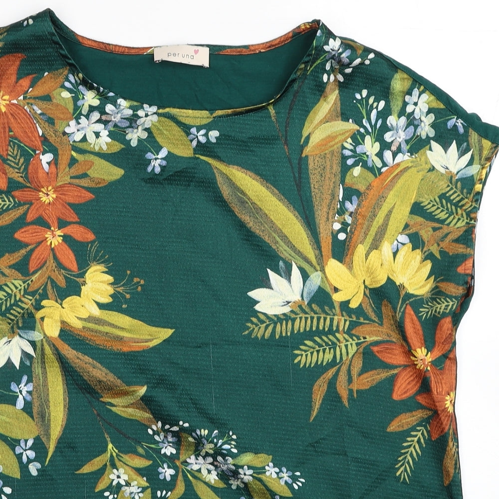 Per Una Womens Green Floral Viscose Basic Blouse Size 12 Scoop Neck