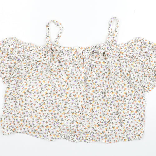 NEXT Girls White Floral Viscose Basic T-Shirt Size 15 Years Square Neck Pullover - Cold Shoulder