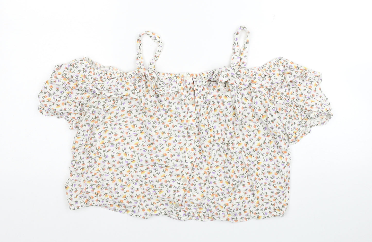 NEXT Girls White Floral Viscose Basic T-Shirt Size 15 Years Square Neck Pullover - Cold Shoulder