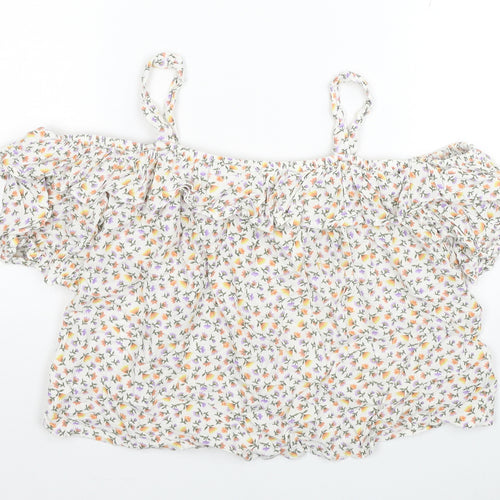 NEXT Girls White Floral Viscose Basic T-Shirt Size 15 Years Square Neck Pullover - Cold Shoulder