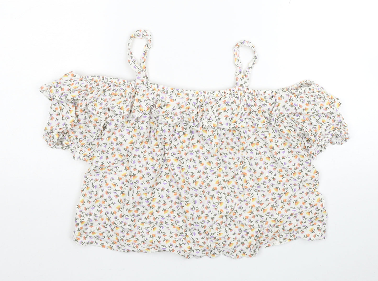 NEXT Girls White Floral Viscose Basic T-Shirt Size 15 Years Square Neck Pullover - Cold Shoulder