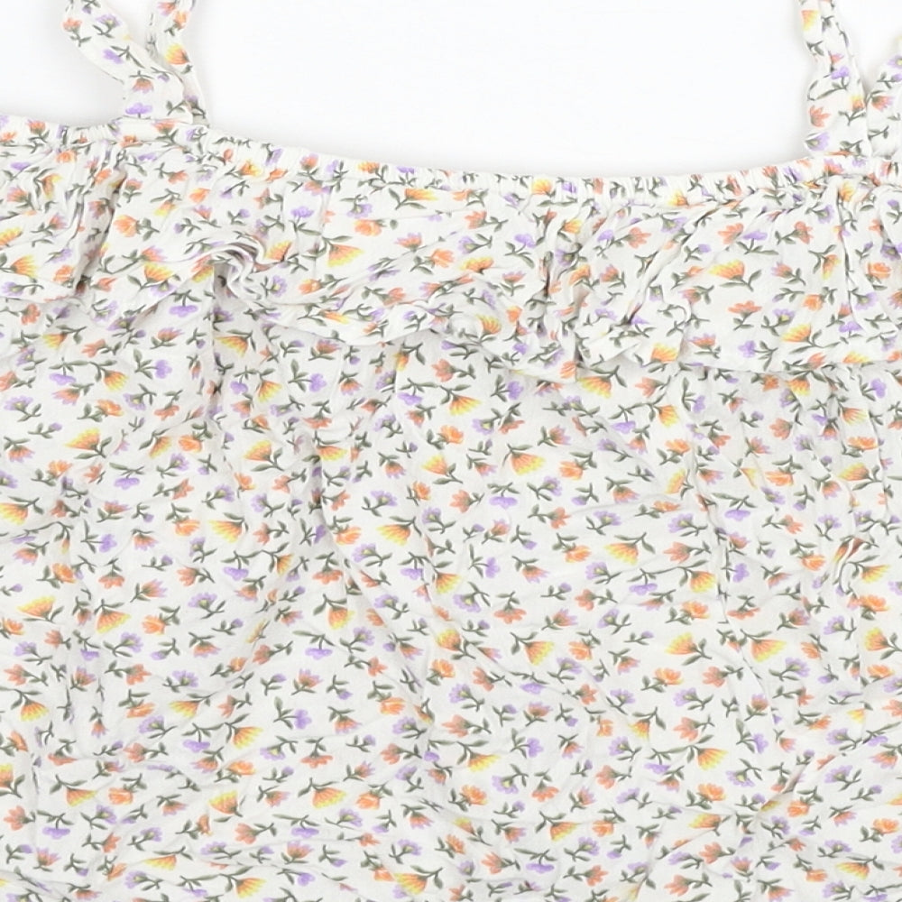 NEXT Girls White Floral Viscose Basic T-Shirt Size 15 Years Square Neck Pullover - Cold Shoulder