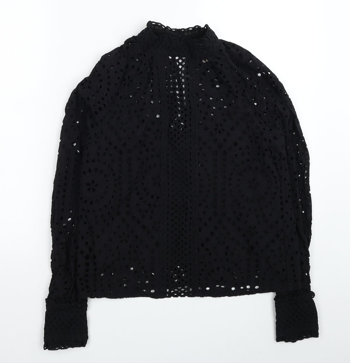 H&M Womens Black Geometric Cotton Basic Blouse Size S Mock Neck