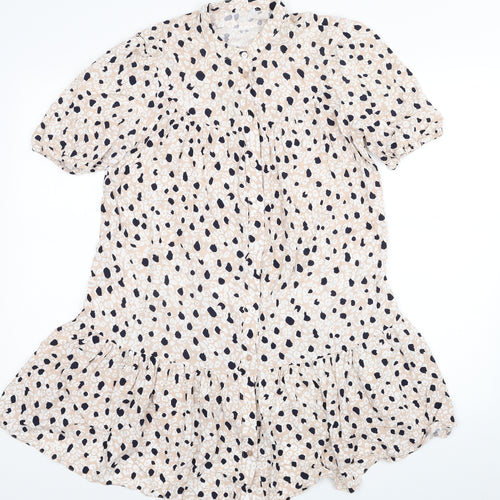 Primark Womens Beige Animal Print Viscose Shirt Dress Size 12 Round Neck Button - Leopard Print
