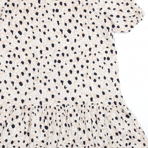 Primark Womens Beige Animal Print Viscose Shirt Dress Size 12 Round Neck Button - Leopard Print
