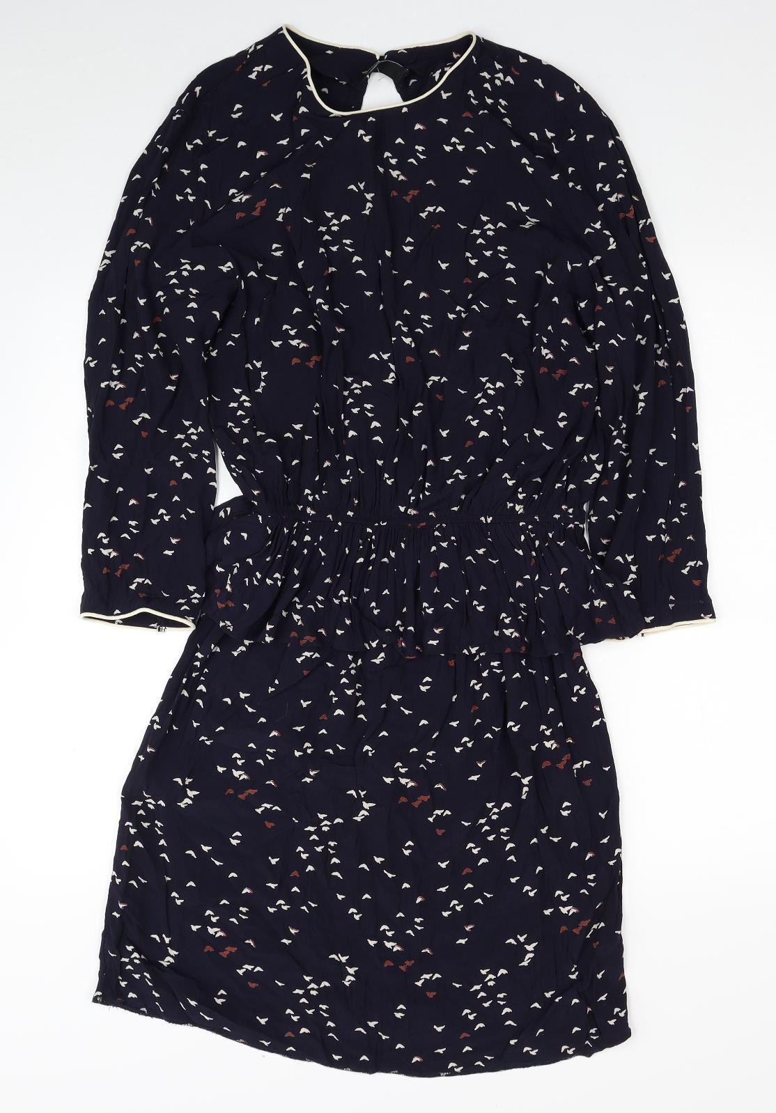 YAS Womens Blue Geometric Viscose Shirt Dress Size L Round Neck Button