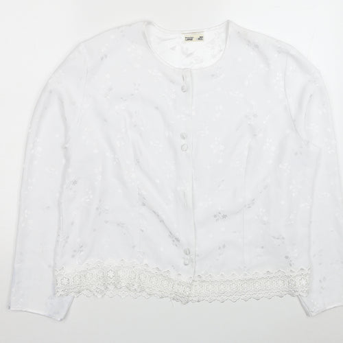 Preston Womens White Floral Polyester Basic Button-Up Size L Scoop Neck