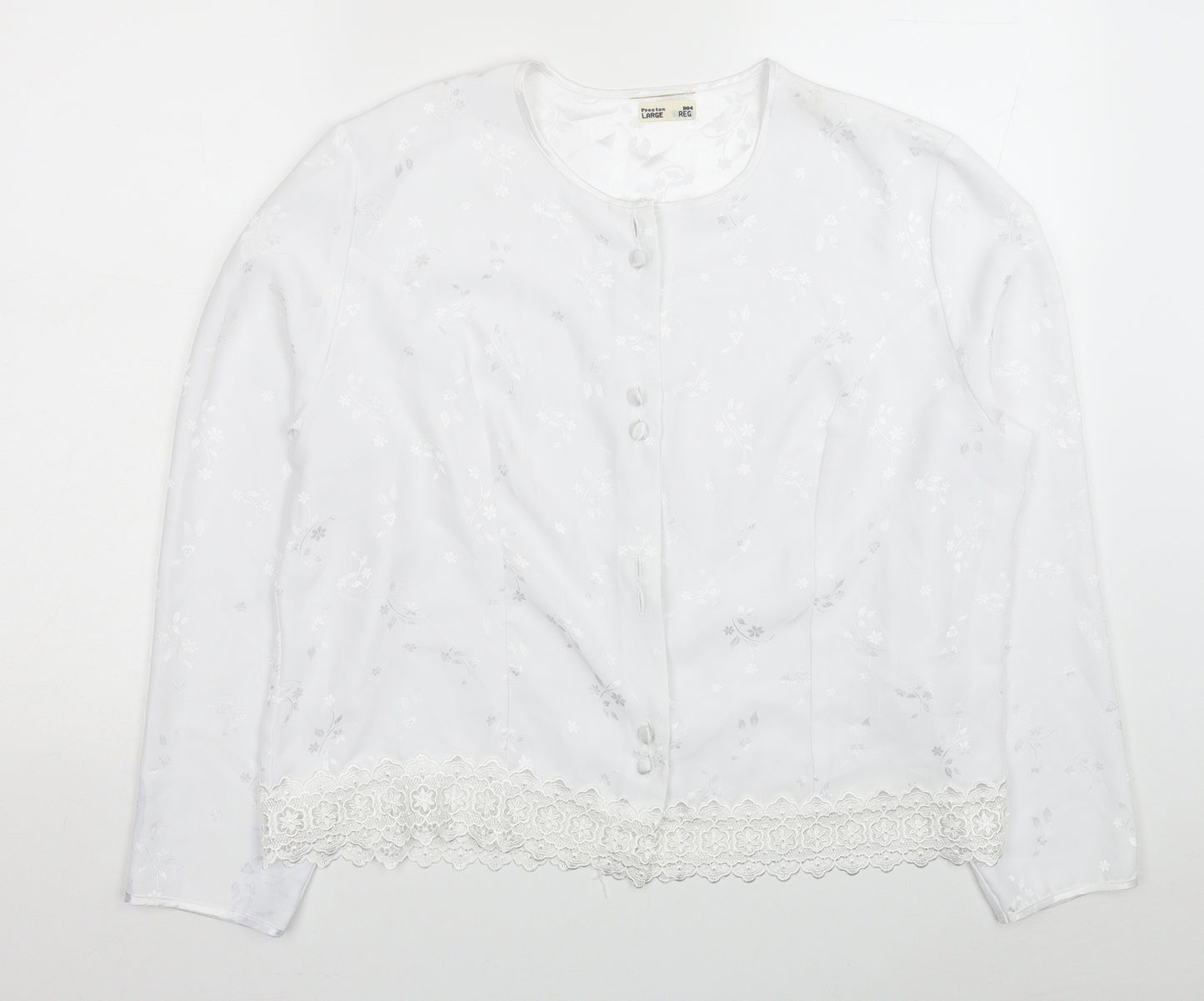 Preston Womens White Floral Polyester Basic Button-Up Size L Scoop Neck