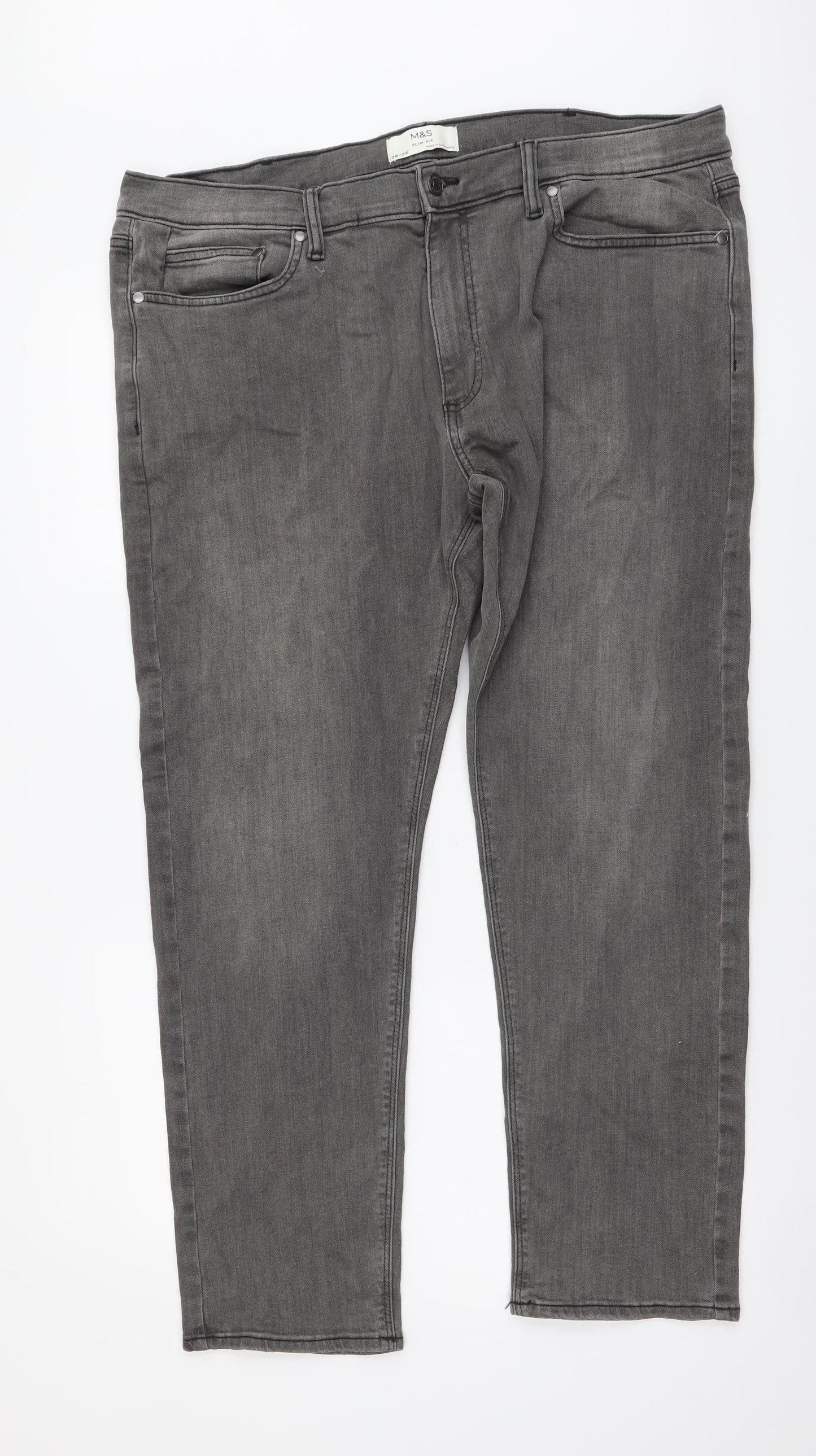 Marks and Spencer Mens Grey Cotton Straight Jeans Size 38 in L29 in Slim Button