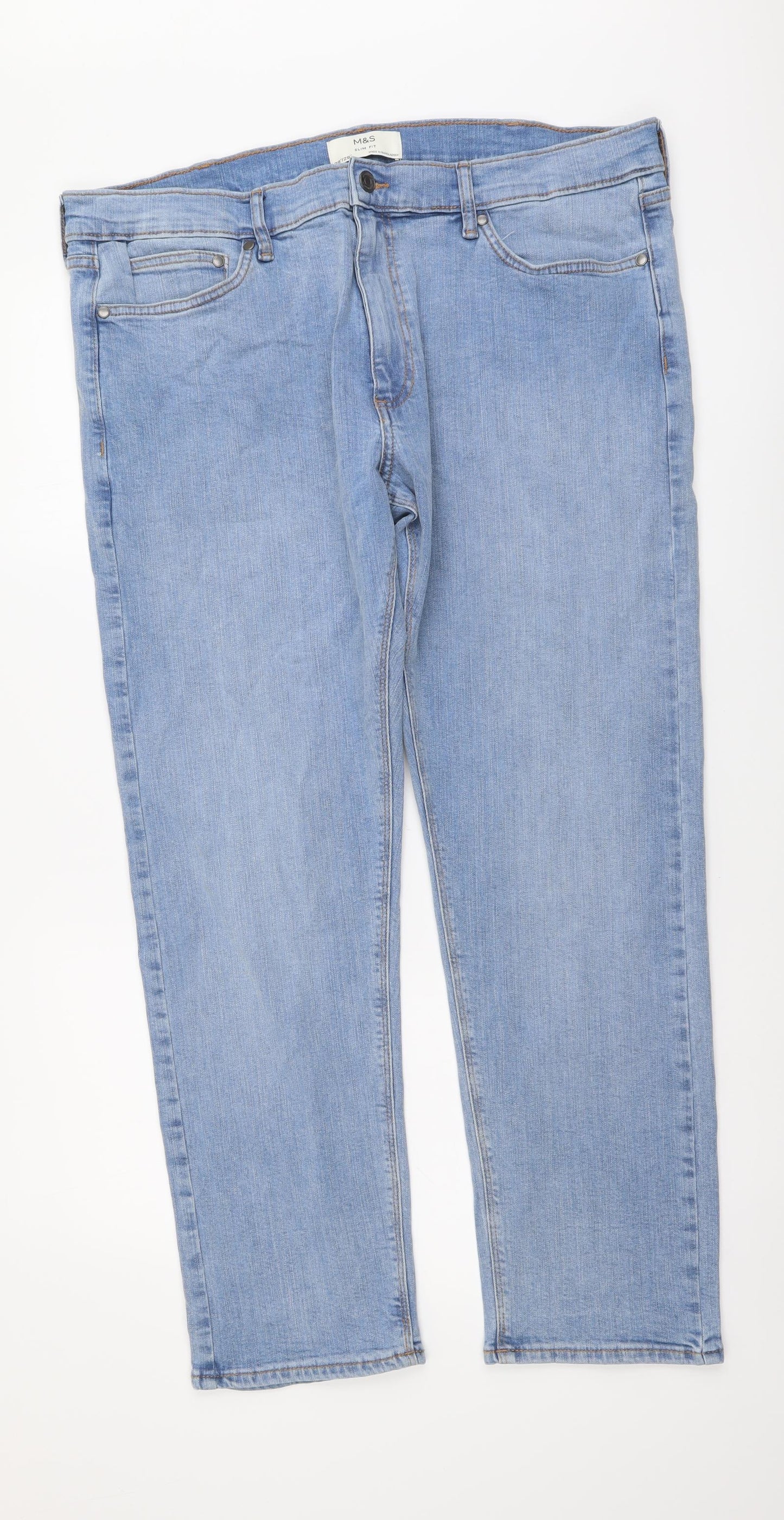 Marks and Spencer Mens Blue Cotton Straight Jeans Size 38 in L29 in Regular Button