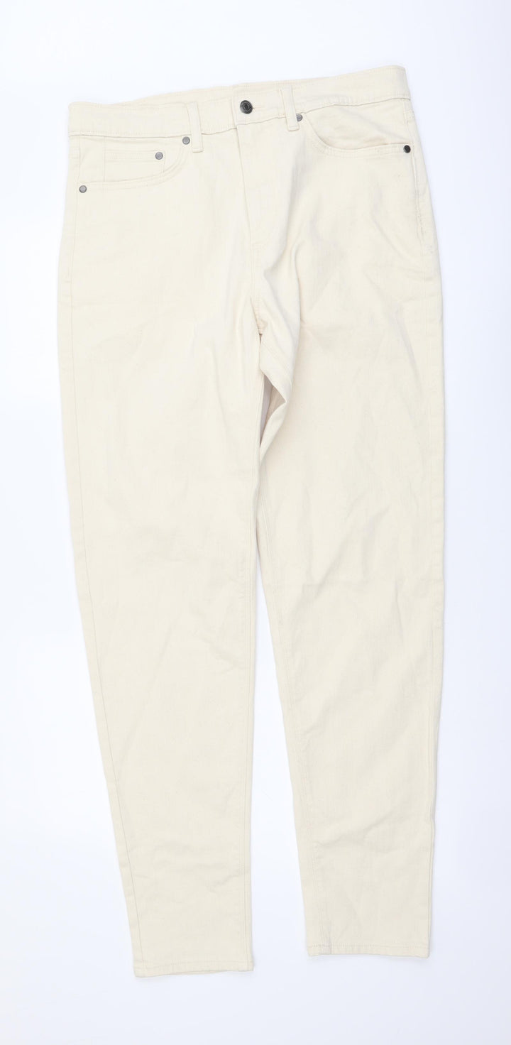 Marks and Spencer Mens Beige Cotton Tapered Jeans Size 32 in L33 in Regular Button