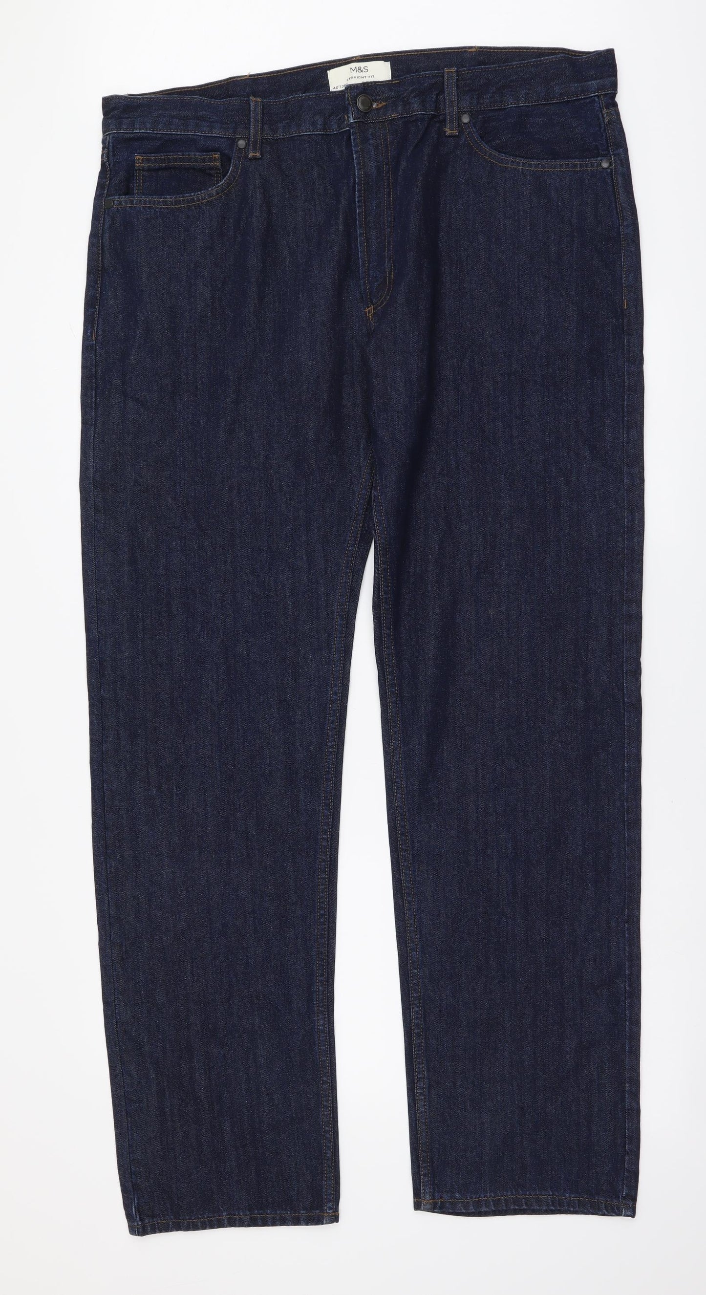 Marks and Spencer Mens Blue Cotton Straight Jeans Size 40 in L35 in Regular Button
