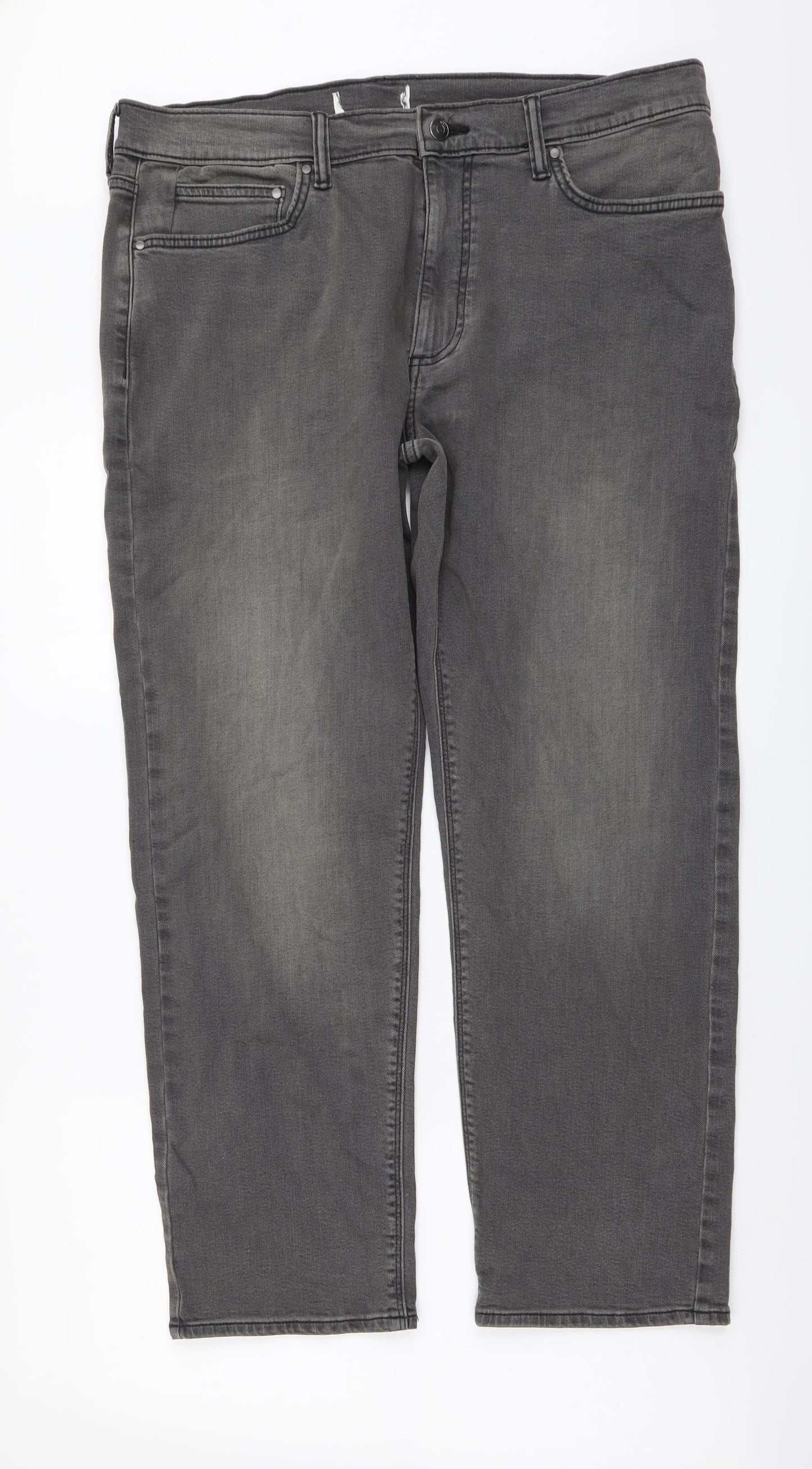 Marks and Spencer Mens Grey Cotton Straight Jeans Size 36 in L29 in Regular Button