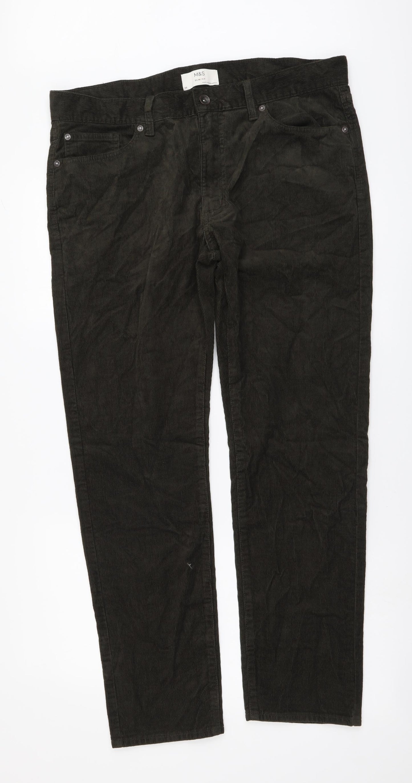 Marks and Spencer Mens Green Cotton Straight Jeans Size 36 in L29 in Regular Button