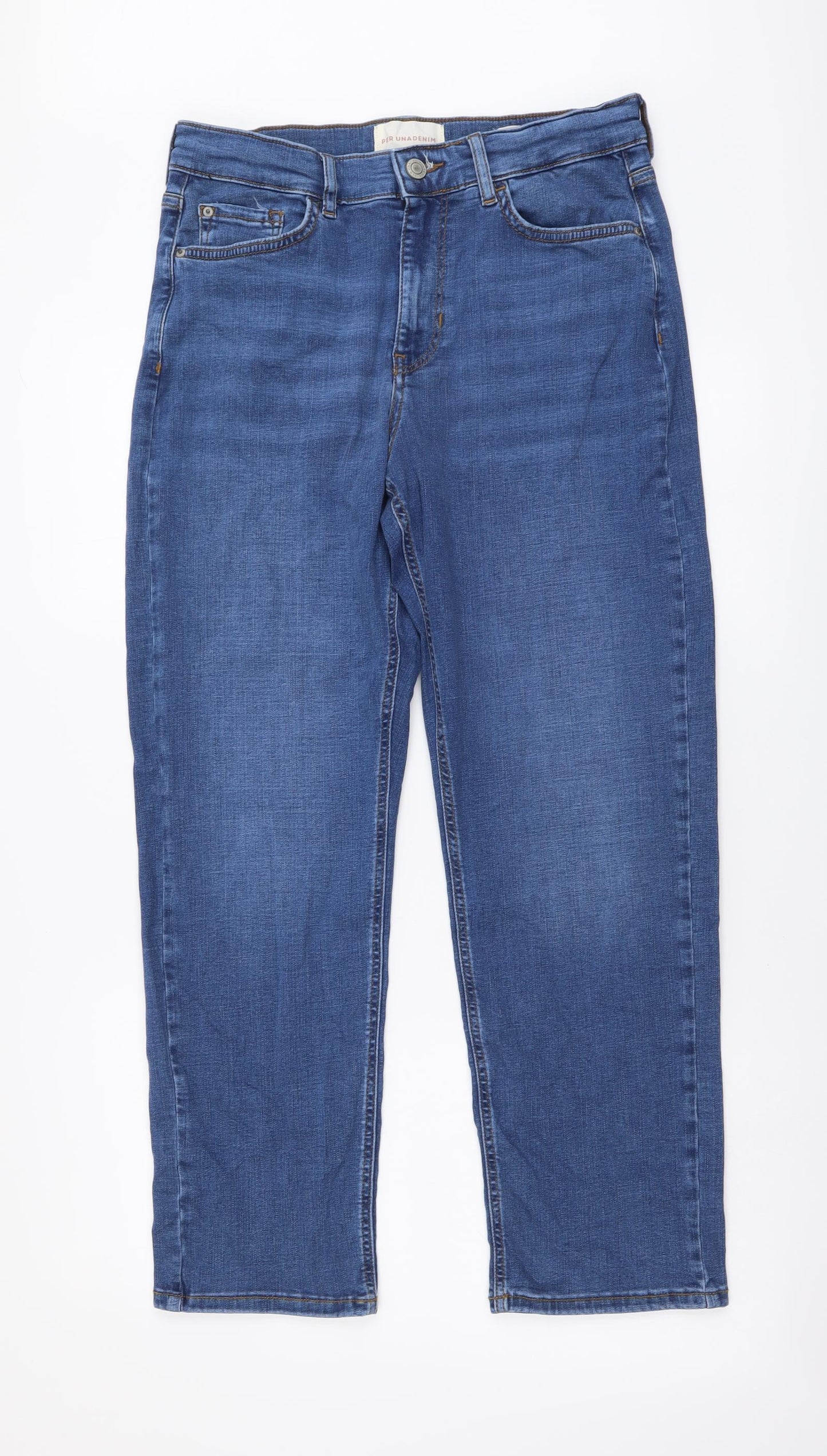 Per Una Womens Blue Cotton Straight Jeans Size 12 L27 in Regular Button