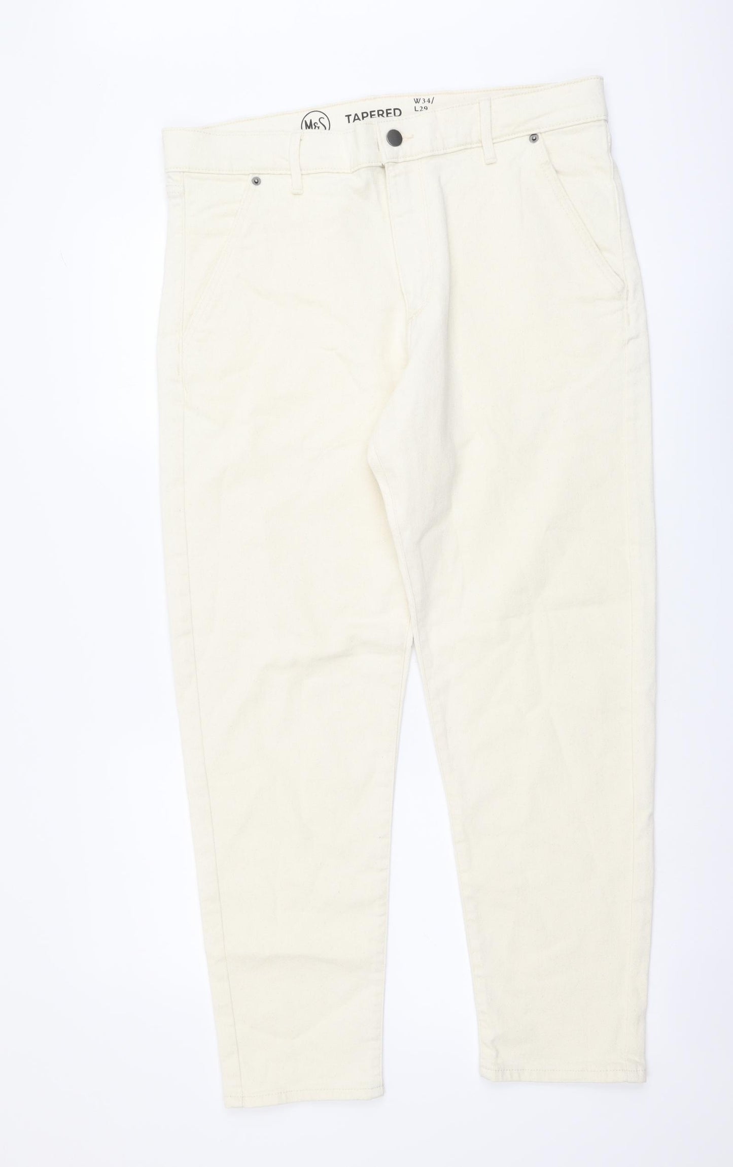 Marks and Spencer Womens Beige Cotton Tapered Jeans Size 34 in L29 in Regular Button