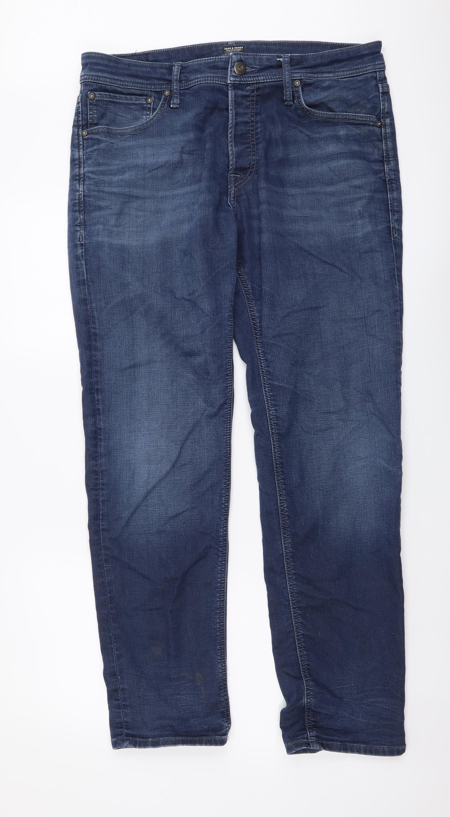 JACK & JONES Mens Blue Cotton Straight Jeans Size 36 in L32 in Regular Button