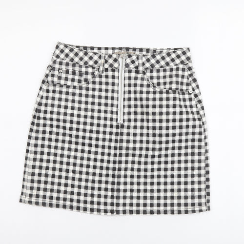 Denim & Co. Womens Black Check Cotton Mini Skirt Size 10 Zip