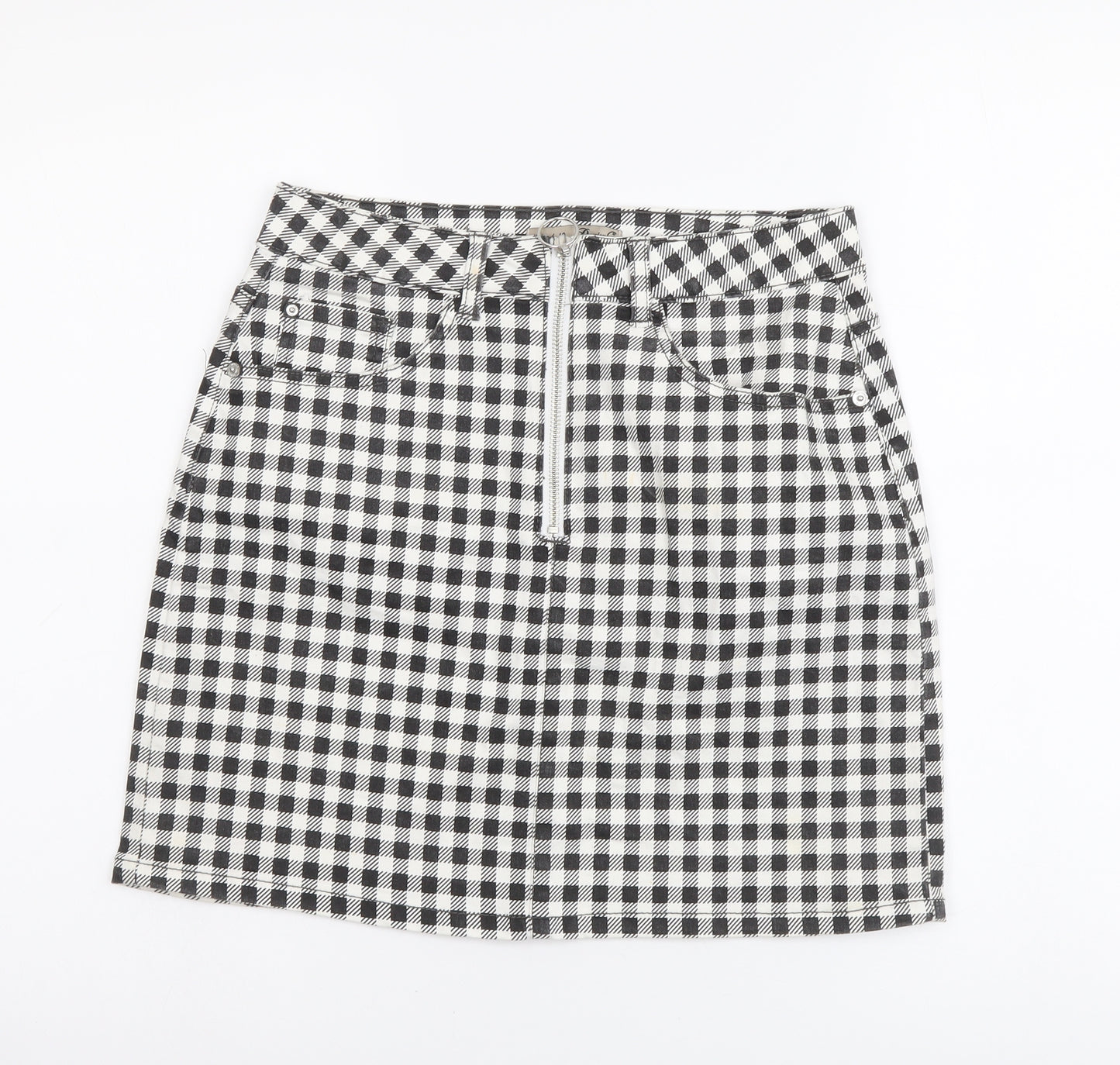 Denim & Co. Womens Black Check Cotton Mini Skirt Size 10 Zip