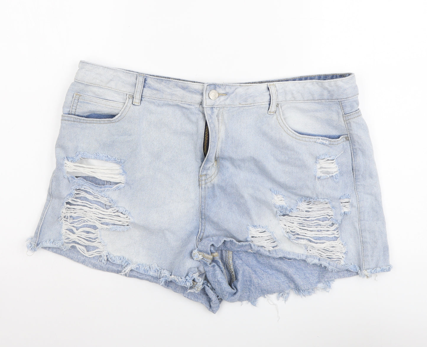 New Look Womens Blue Cotton Hot Pants Shorts Size 18 L3 in Regular Button - Distressed Look