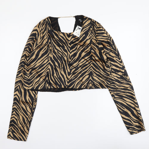 Zara Womens Black Animal Print Polyester Cropped Blouse Size M Round Neck - Tiger Print