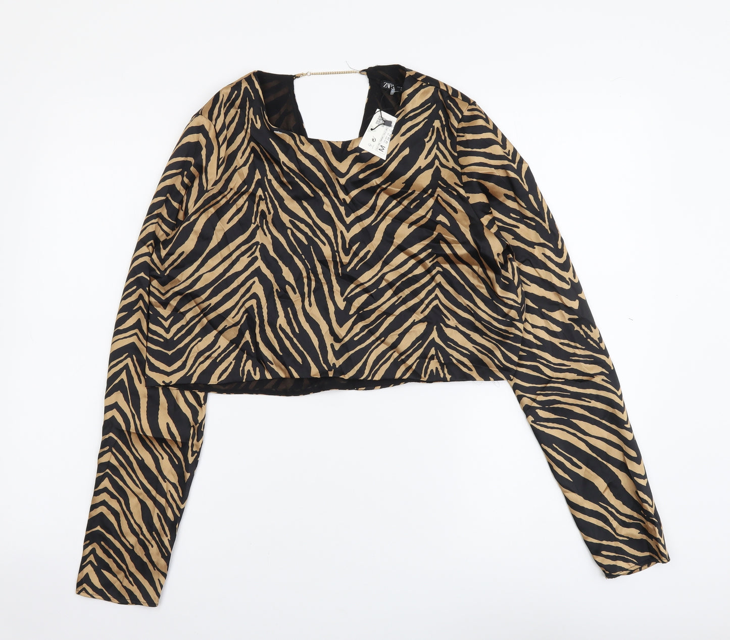 Zara Womens Black Animal Print Polyester Cropped Blouse Size M Round Neck - Tiger Print