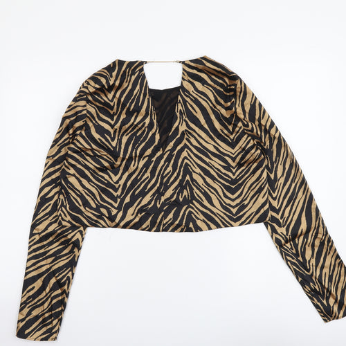 Zara Womens Black Animal Print Polyester Cropped Blouse Size M Round Neck - Tiger Print