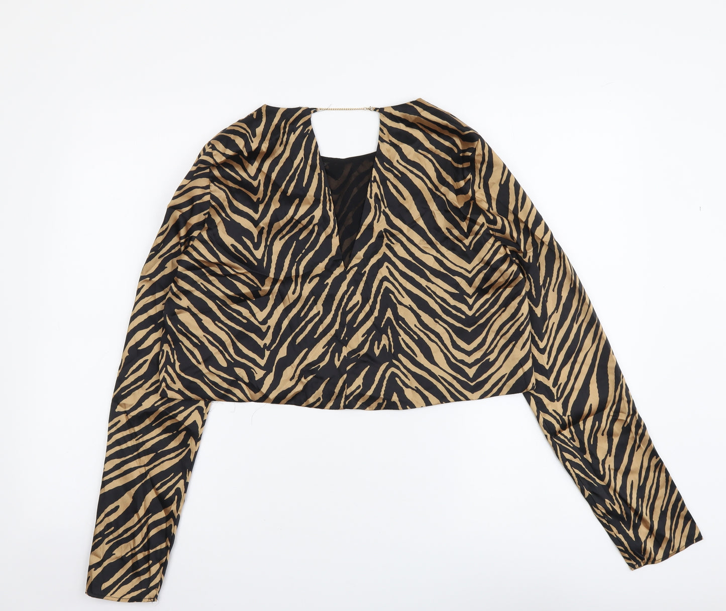 Zara Womens Black Animal Print Polyester Cropped Blouse Size M Round Neck - Tiger Print