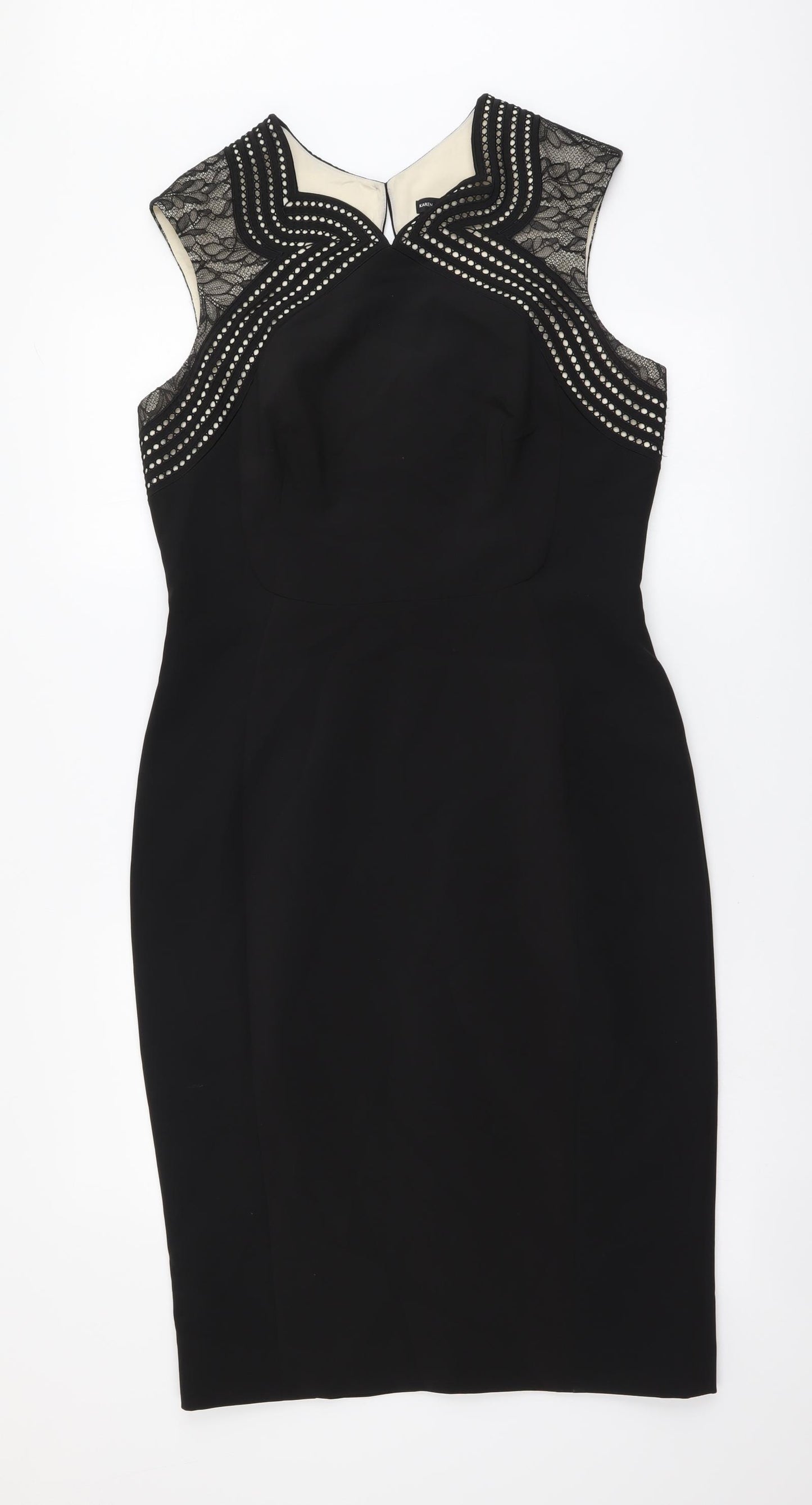 Karen Millen Womens Black Polyester Pencil Dress Size 14 V-Neck Zip - Lace Detail