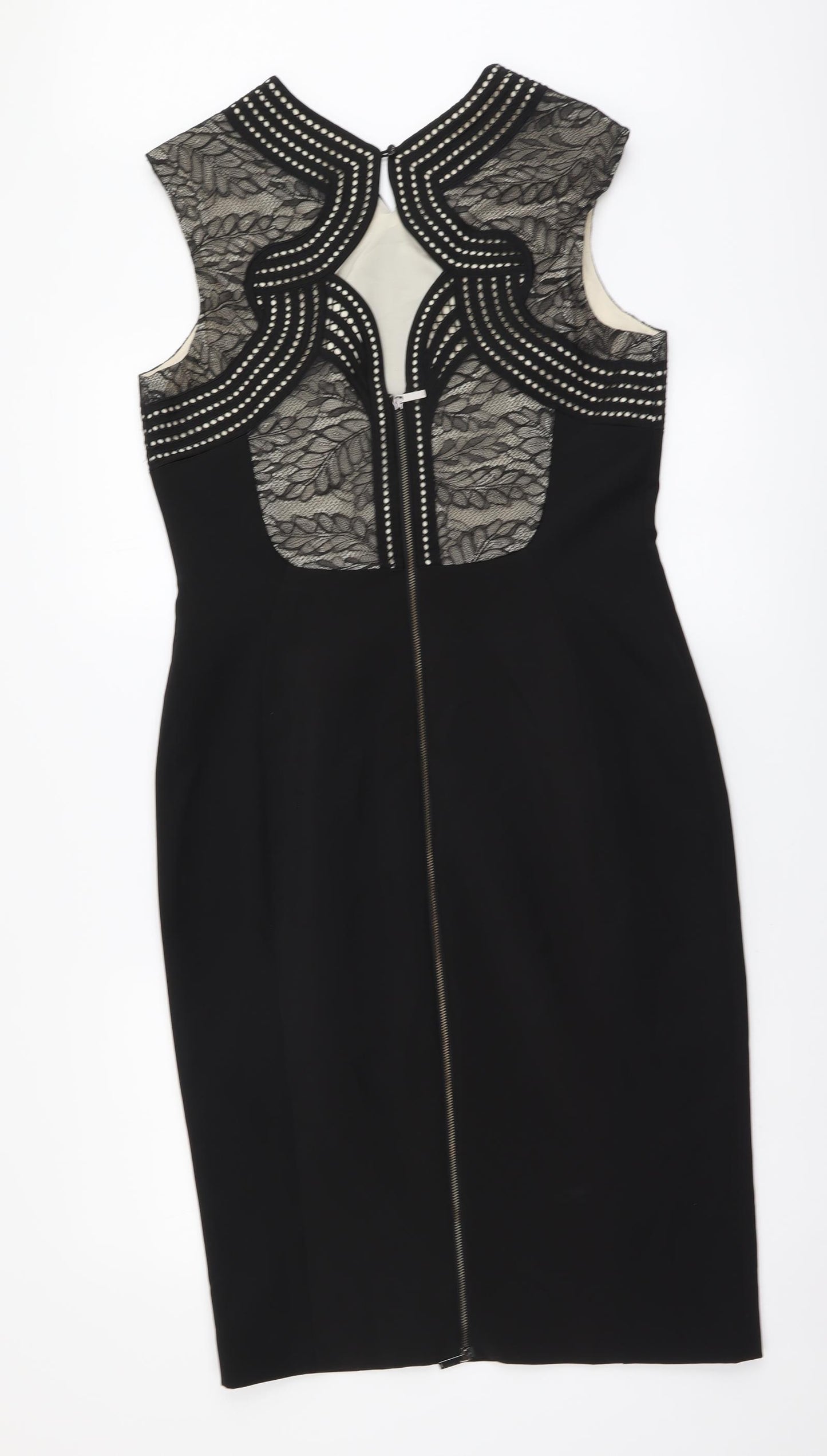 Karen Millen Womens Black Polyester Pencil Dress Size 14 V-Neck Zip - Lace Detail