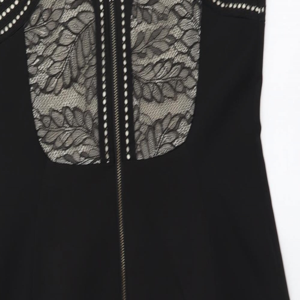 Karen Millen Womens Black Polyester Pencil Dress Size 14 V-Neck Zip - Lace Detail