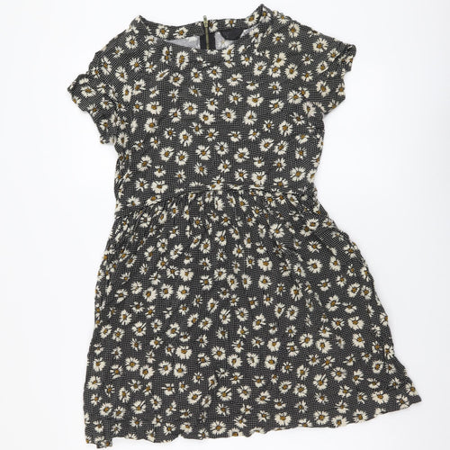 Topshop Womens Black Floral Viscose A-Line Size 6 Round Neck Zip