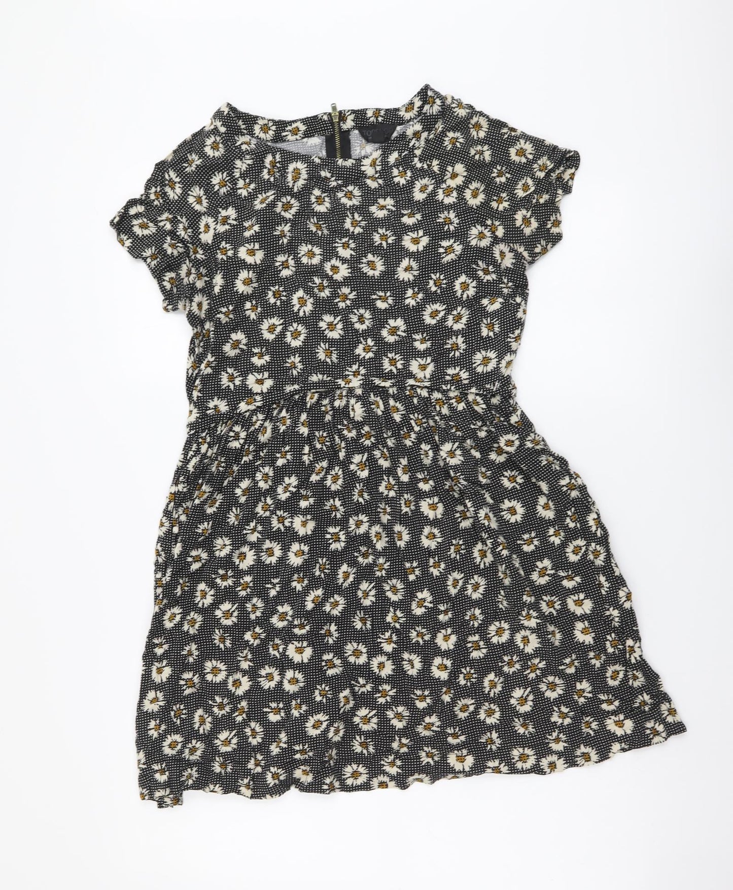 Topshop Womens Black Floral Viscose A-Line Size 6 Round Neck Zip