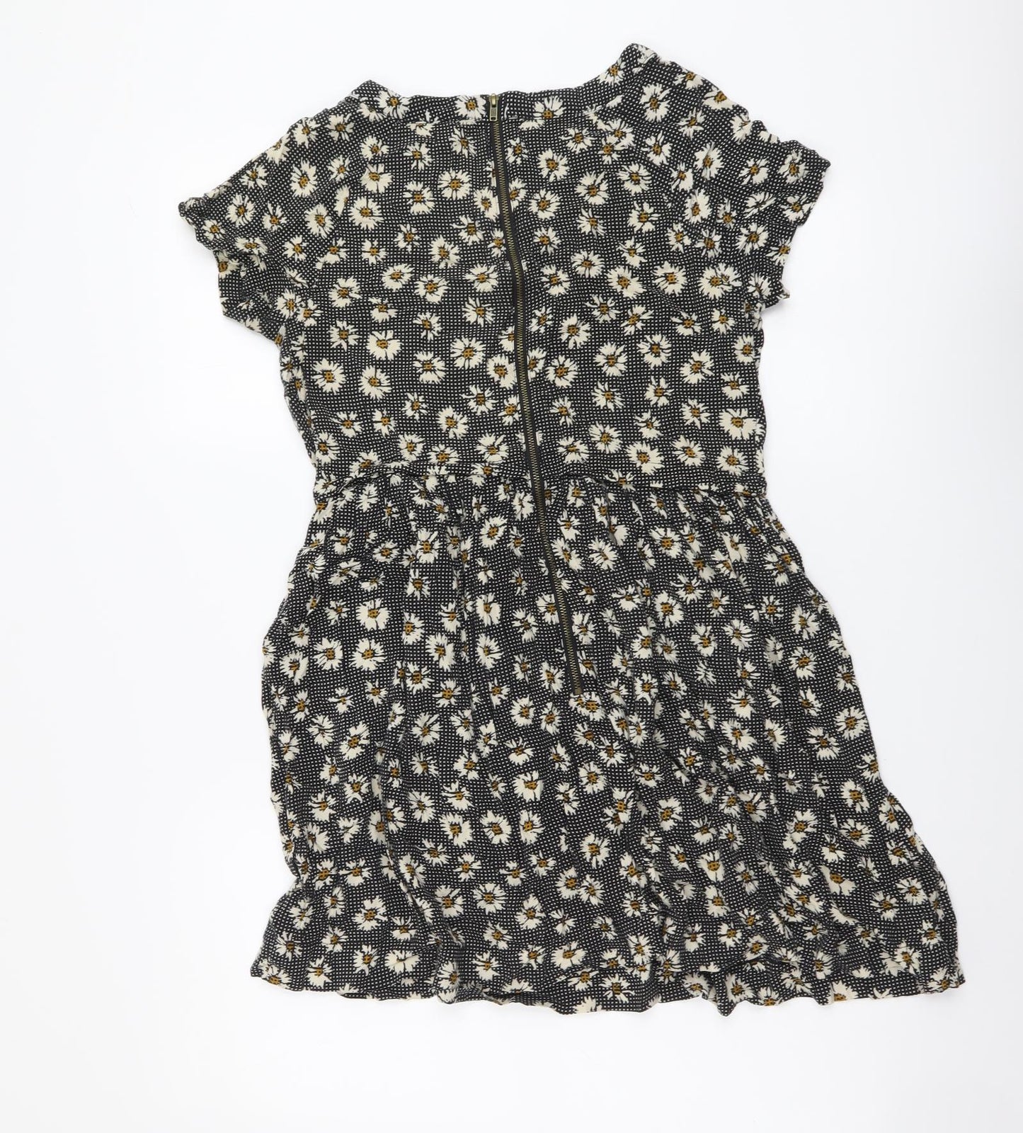 Topshop Womens Black Floral Viscose A-Line Size 6 Round Neck Zip